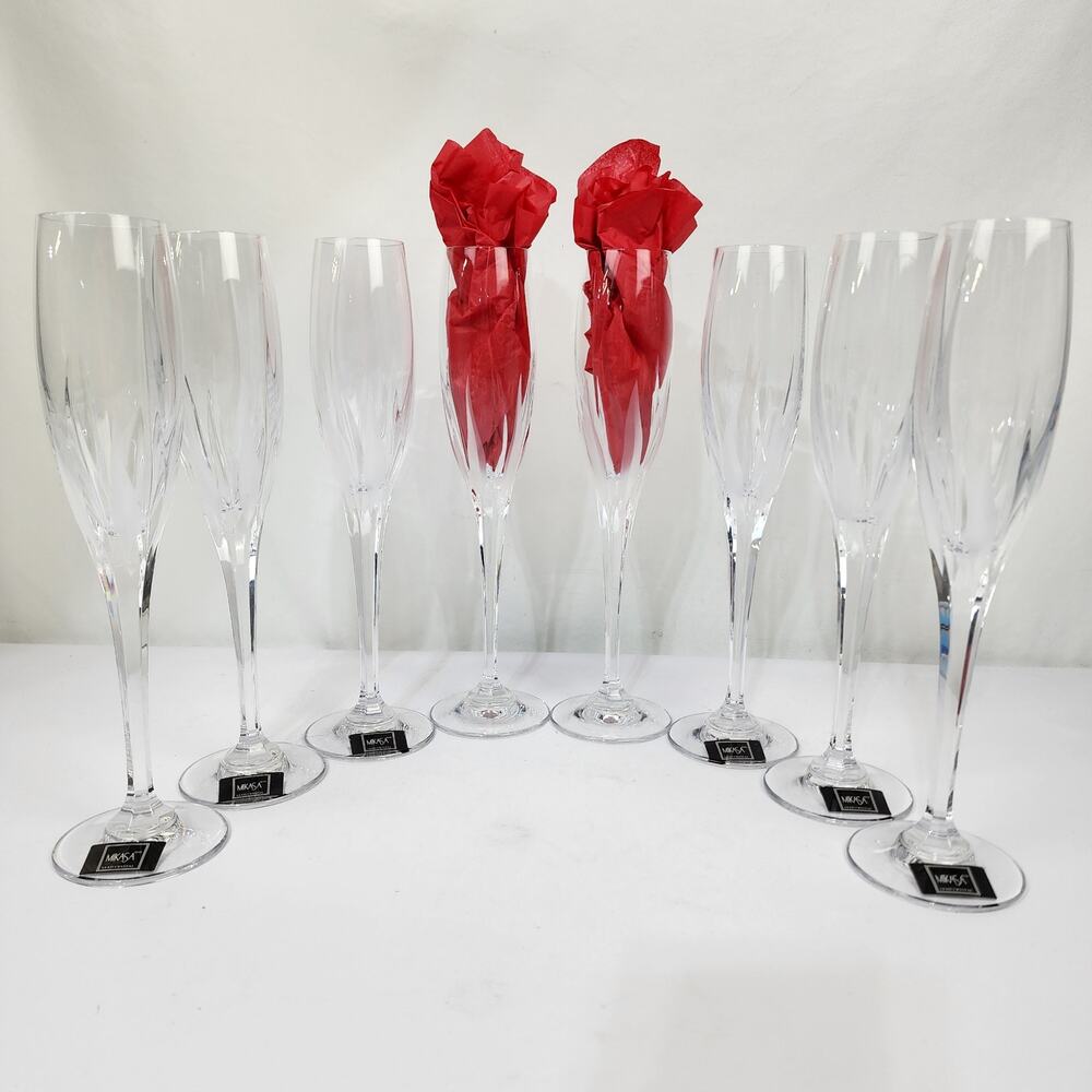 8 Mikasa Flame d'Amour Crystal Champagne Flutes Discontinued Frosted Flame - Picture 2 of 5